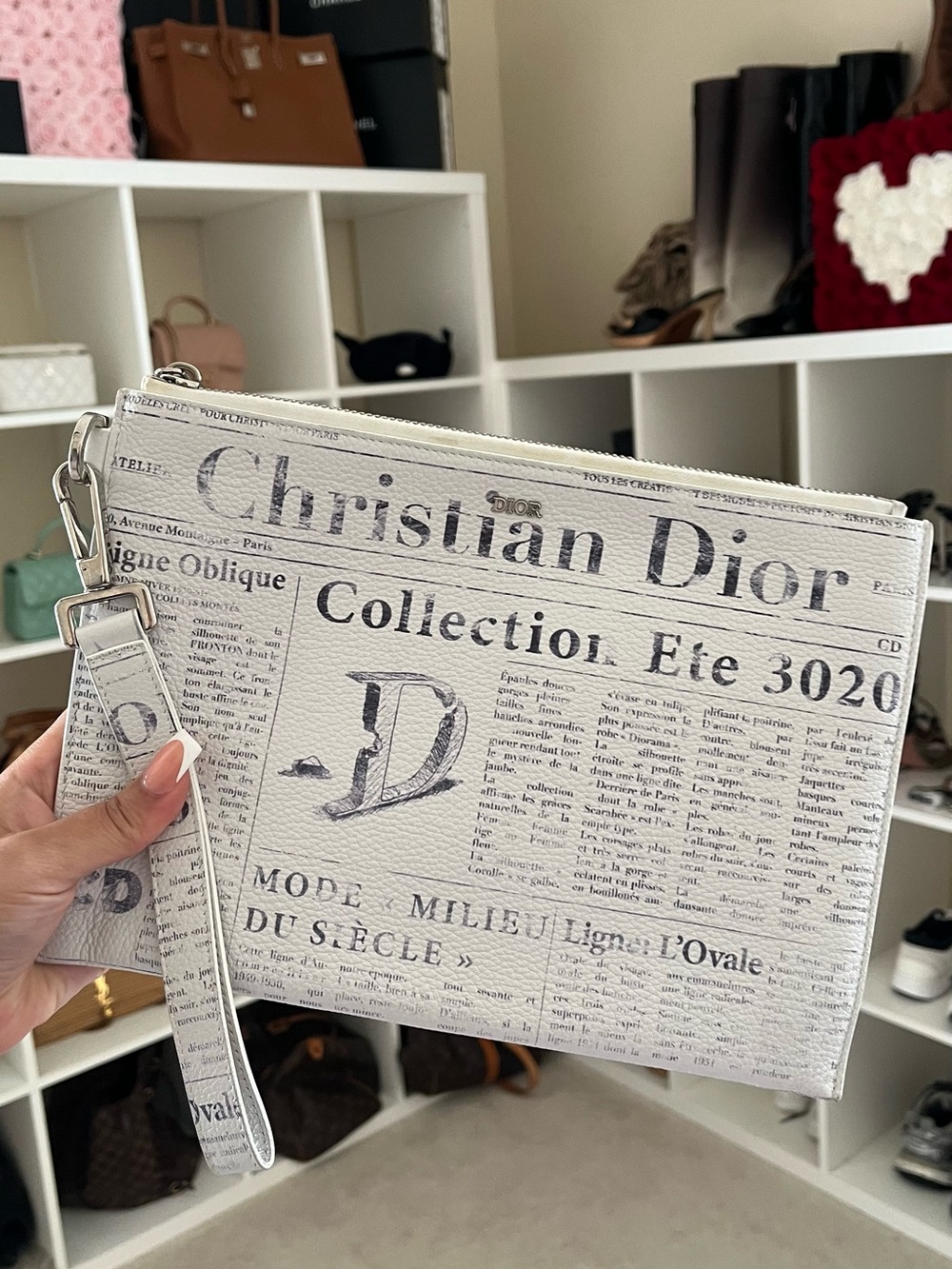 Dior White Newspaper Print Wristlet Clutch